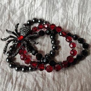 Triple Strand Beaded Stretch Bracelet Red Black Hematite Beads Halloween Jewelry